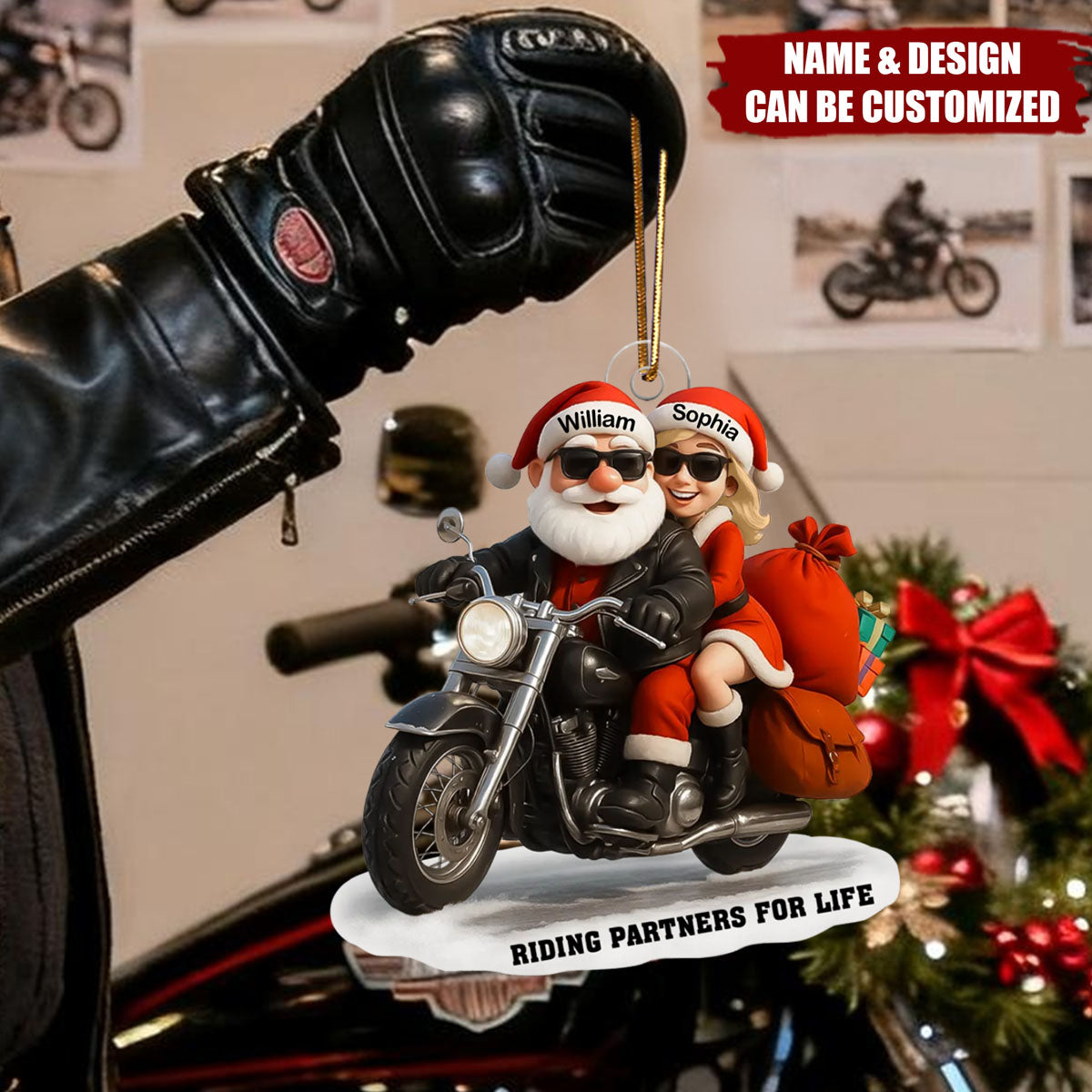 Bikers Santa Couple Riding Partners for Life - Personalized Acrylic Ornament, Gift for Him, Gift for Her