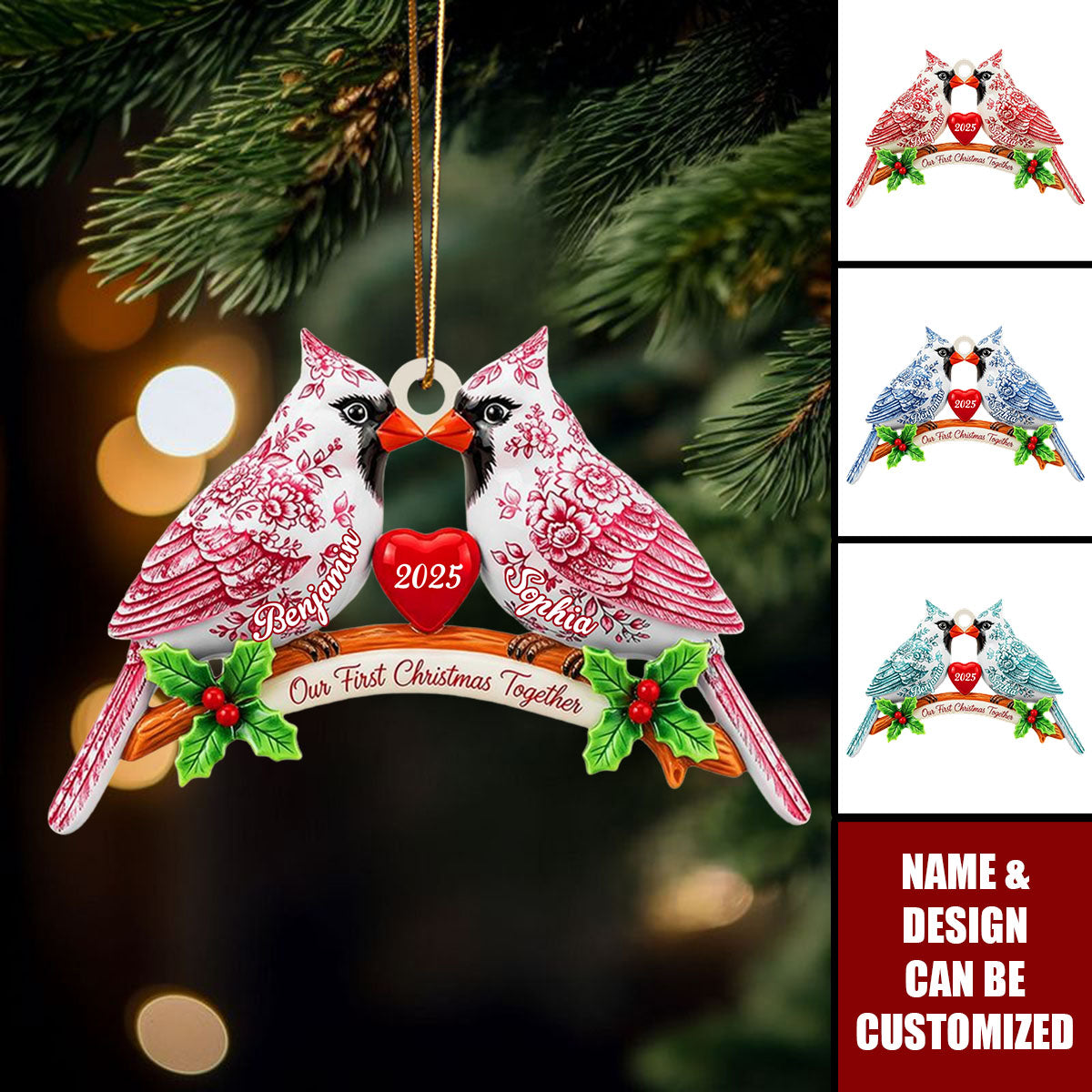 Couple Cardinal Toile de Jouy Personalized Acrylic Ornament, Christmas Gift For Couple