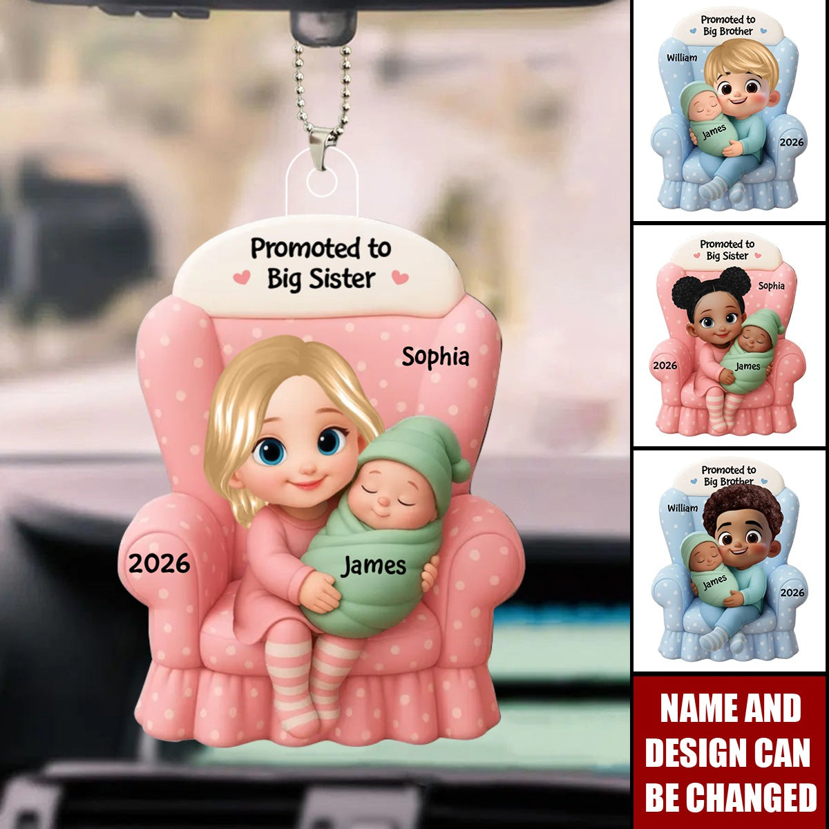 Big Brother, Big Sister And Baby - Personalized Acrylic Car Ornament, Baby Announcement Gift
