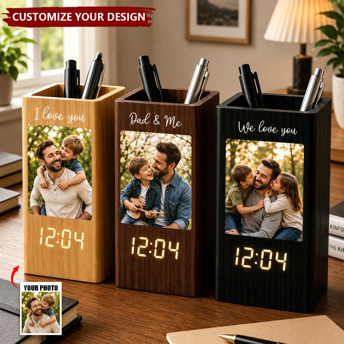 Father's Day Gifts, Dad & Me - Personalized Pen Holder With Clock
