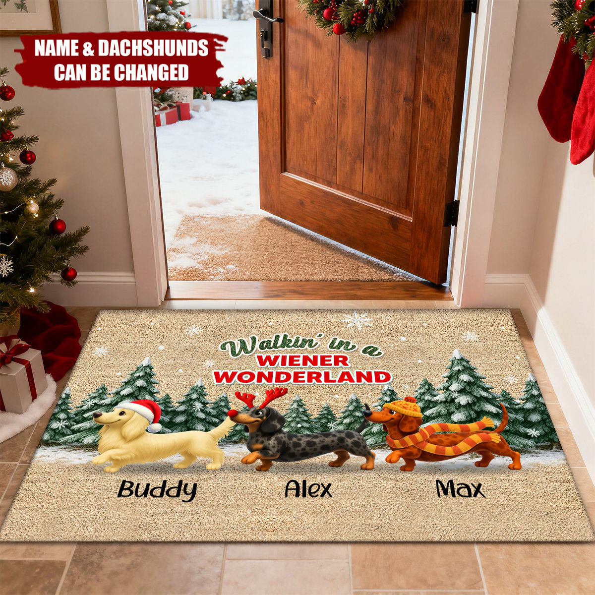 Dachshunds Walking In A Wiener Wonderland - Personalized Doormat - Unique Christmas Gift For Dachshunds Lovers