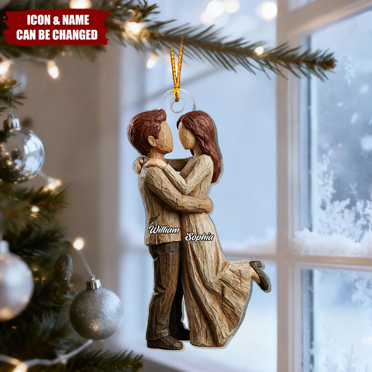 Couple Hugging Faux Wood - Personalized Acrylic Ornament - Heartwarming Christmas Gift