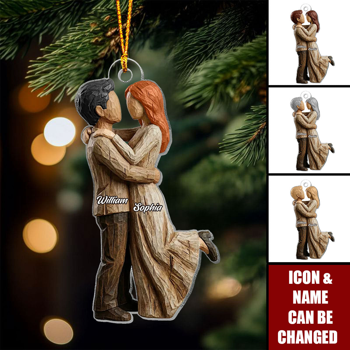Couple Hugging Faux Wood - Personalized Acrylic Ornament - Heartwarming Christmas Gift