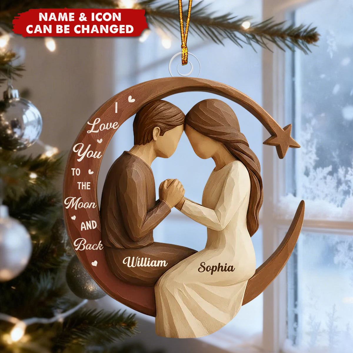 Couple Love to the Moon and Back Wooden Effect - Personalized Acrylic Ornament