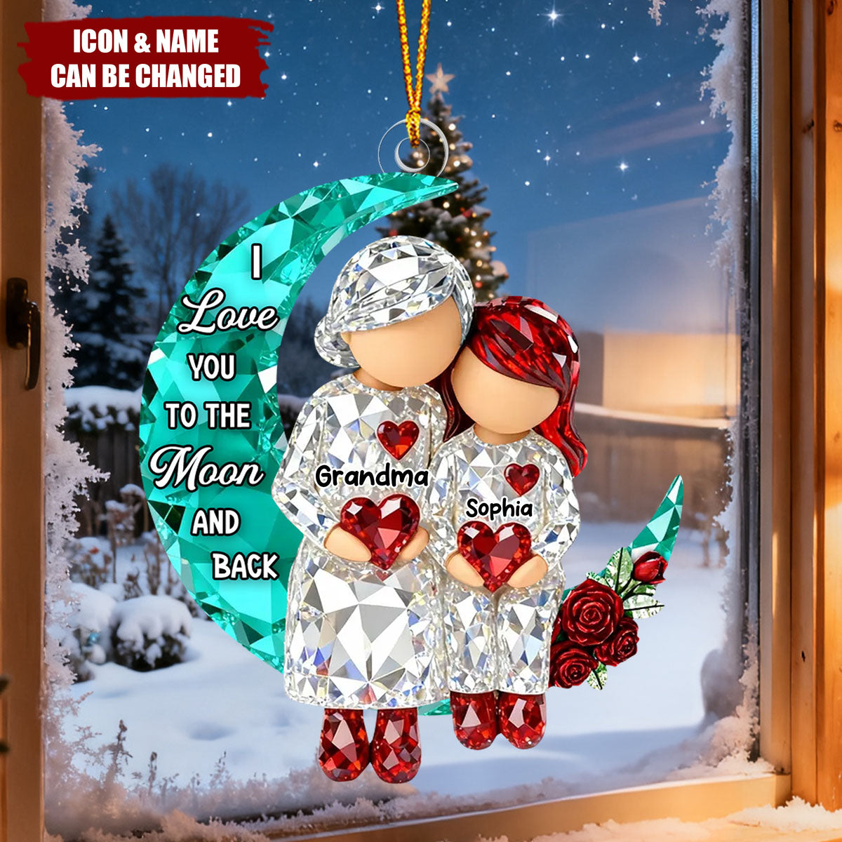 Crystal Effect Grandma Grandpa Grandkid Sitting on Moon - Personalized Acrylic Ornament - Christmas Gift