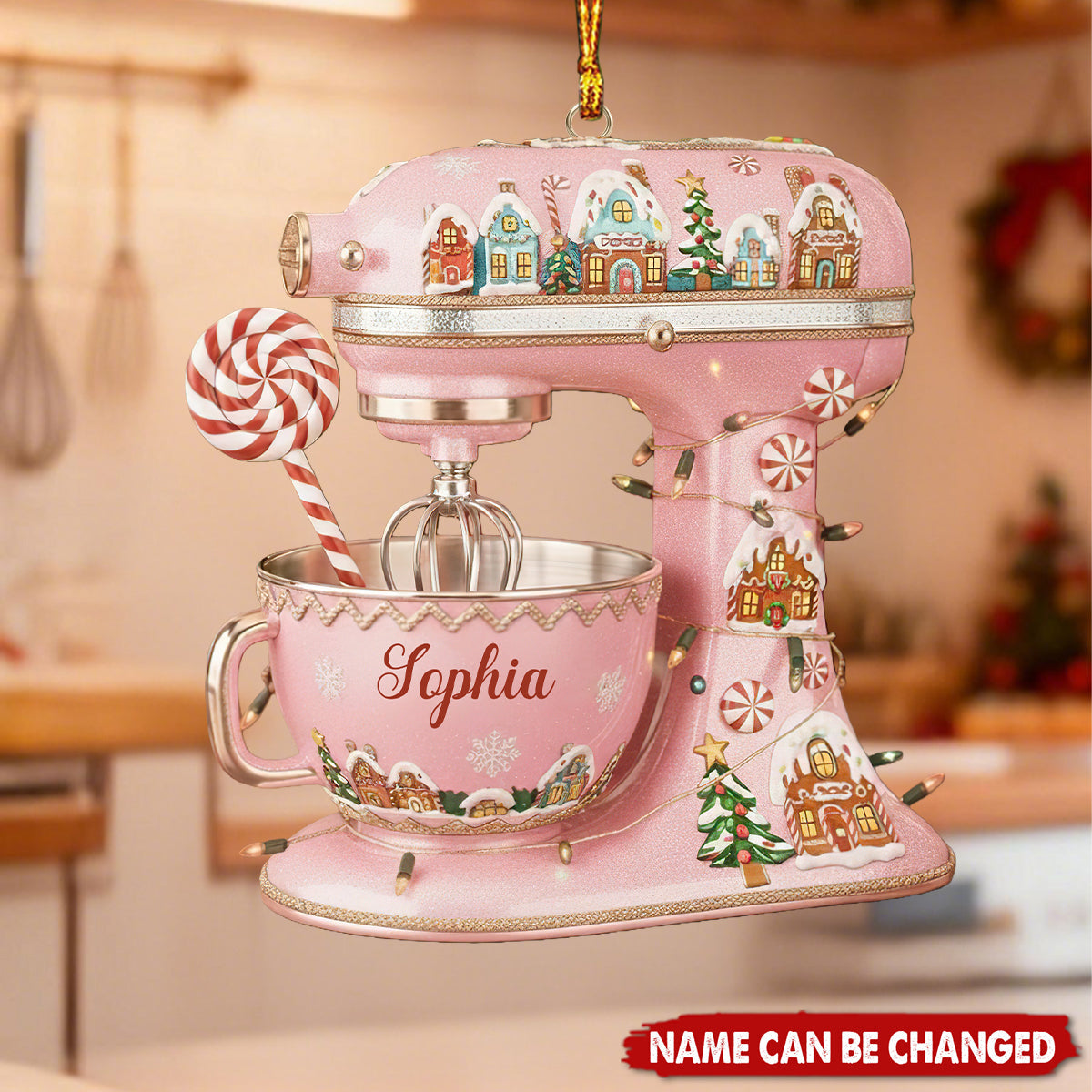 Personalized Pink Stand Mixer Ornament: Gingerbread House Design, Custom Name Baker Gift