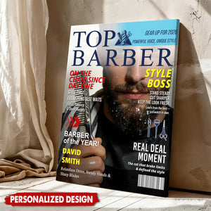 Personalized Barber Magazine Cover Poster, Custom Barber Photo Canvas