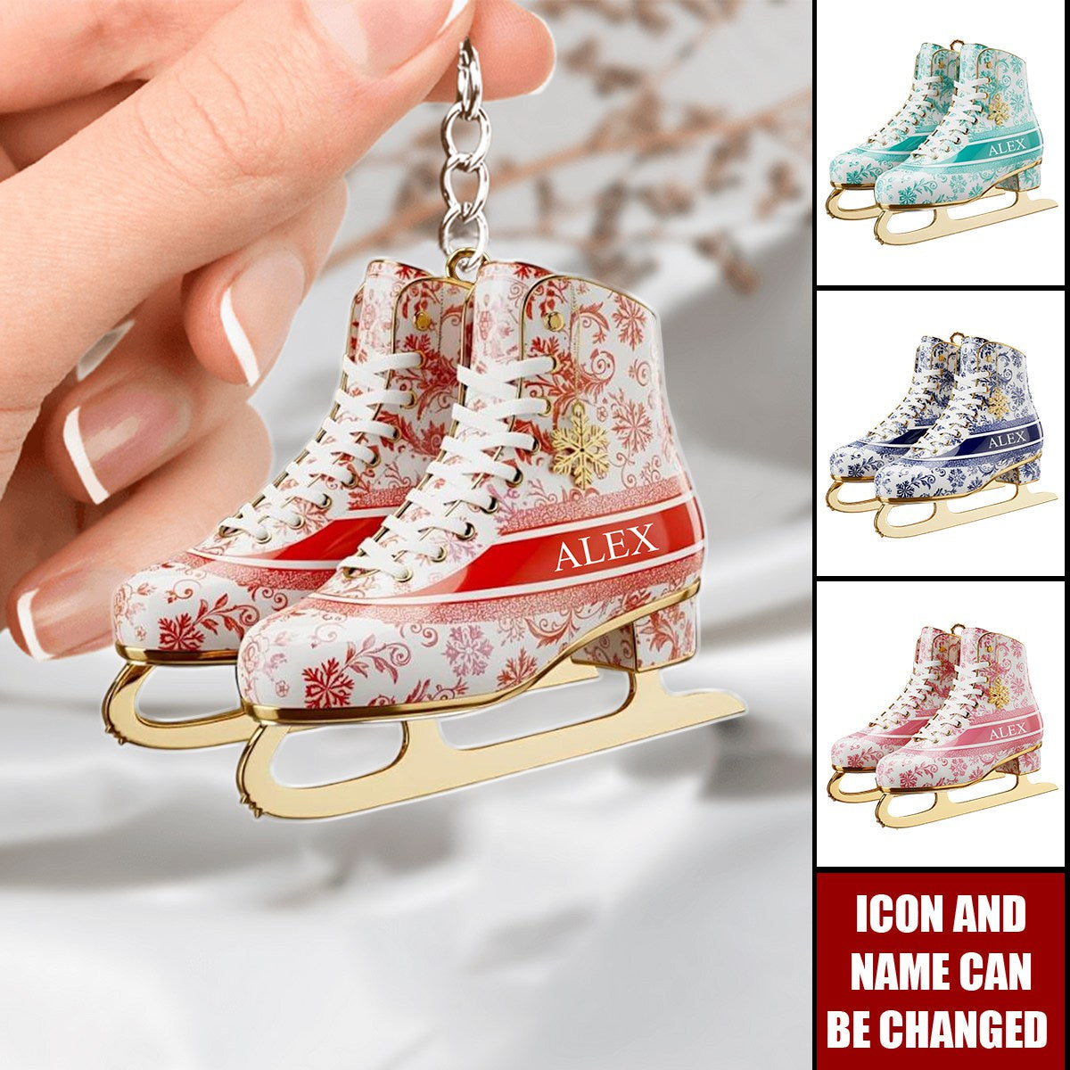 Personalized Winter Skating Toile de Jouy Acrylic Keychain, Gifts For Ice Skating Lovers, Winter Skating Decor