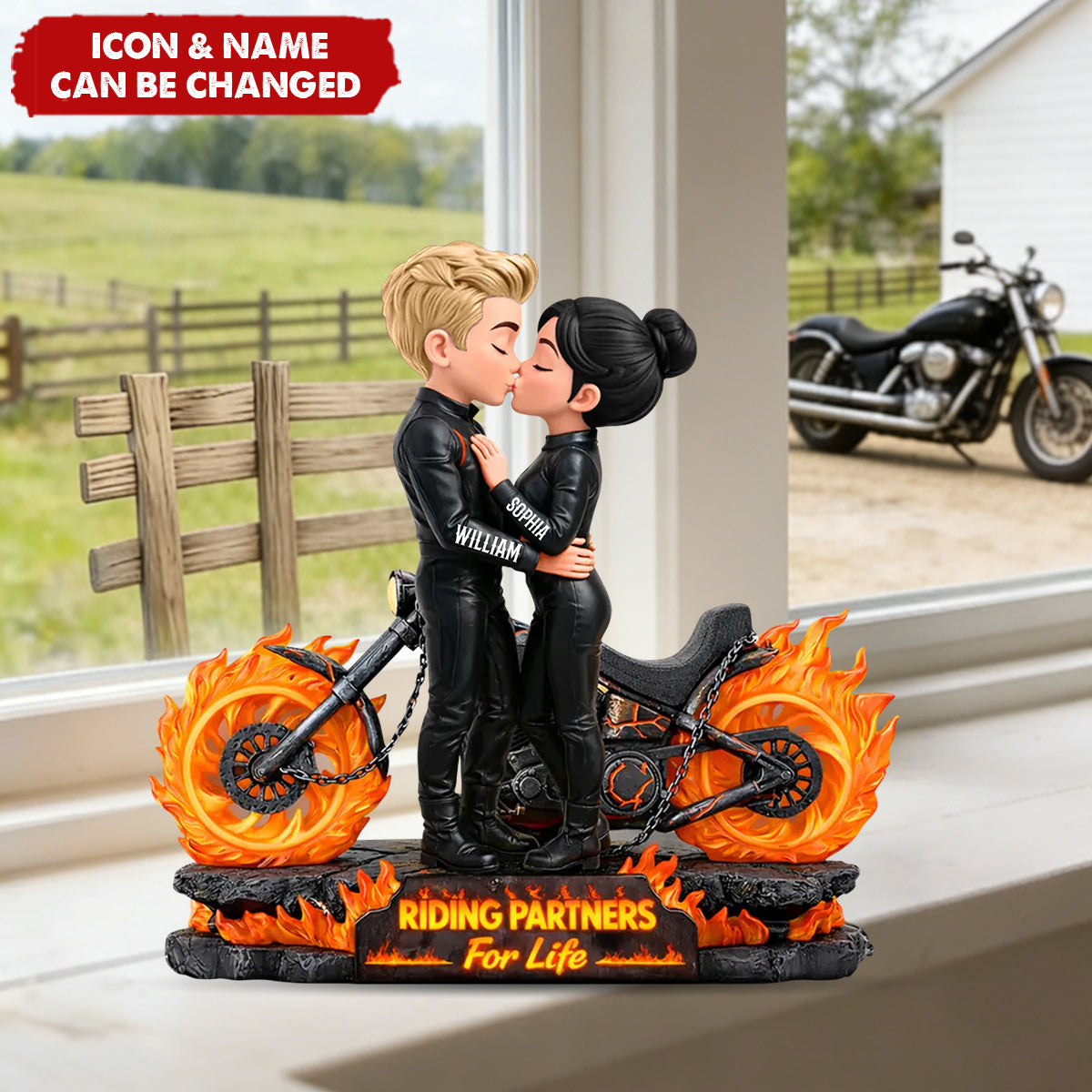 Biker Couple Fire - Personalized Acrylic Block Plaque - Sentimental Gift for Her, for Him