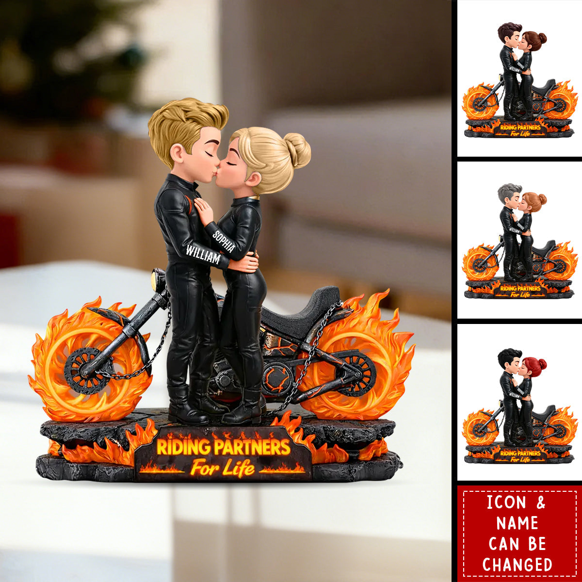 Biker Couple Fire - Personalized Acrylic Block Plaque - Sentimental Gift for Her, for Him