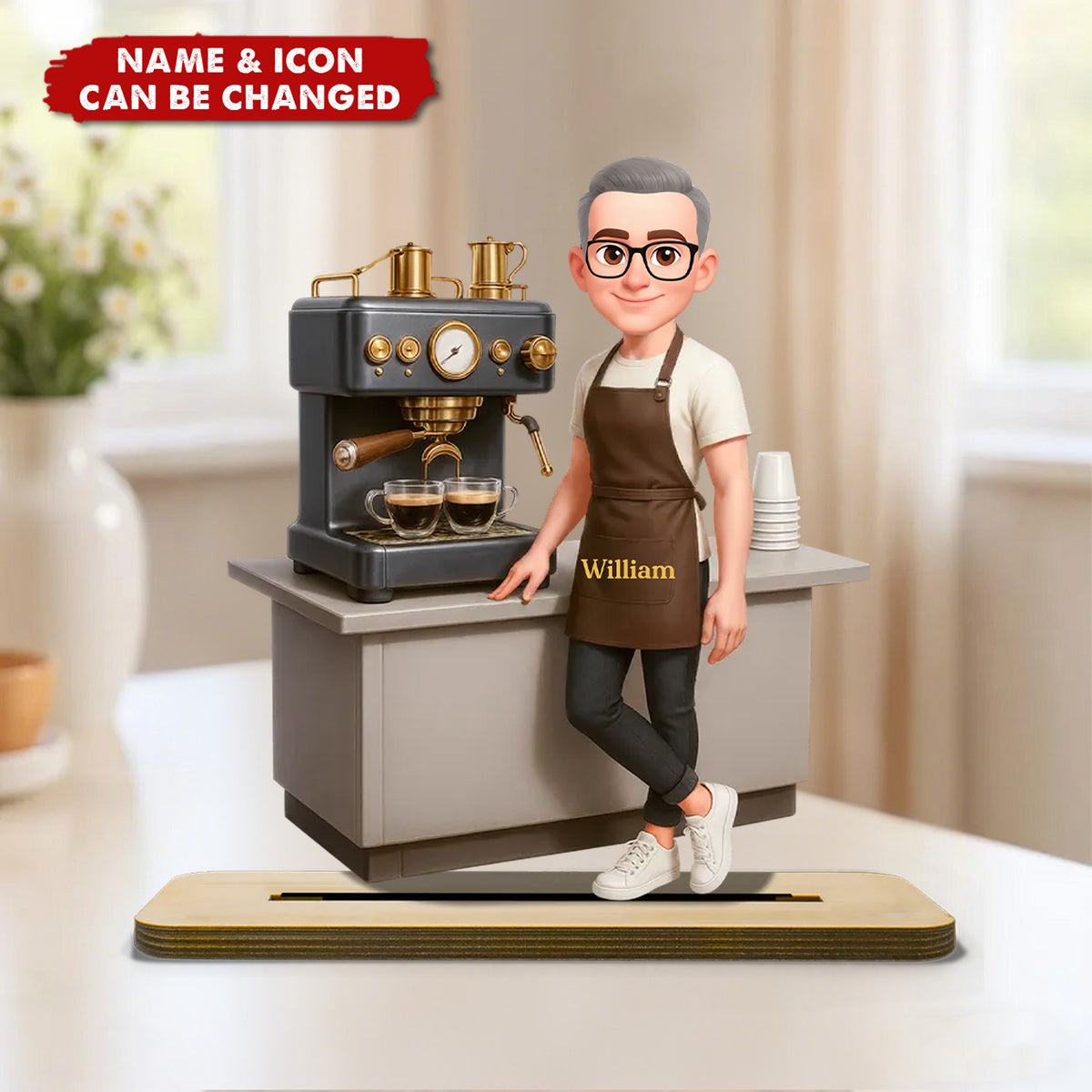 Espresso Machine Coffee Maker Diorama With Cups - Personalized Wooden Plaque