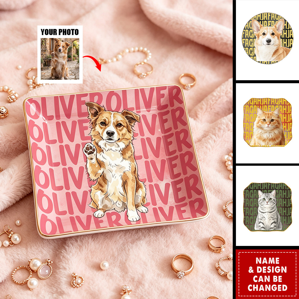 Custom Pet Watercolor Portrait Engraved Name - Personalized Jewelry Dish