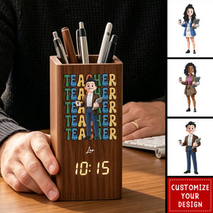 Cartoon Teacher's Day Gift - Personalized Pen Holder With Clock