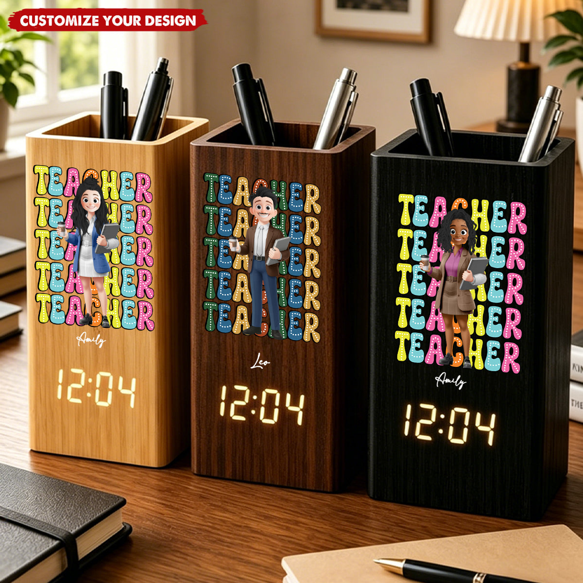 Cartoon Teacher's Day Gift - Personalized Pen Holder With Clock