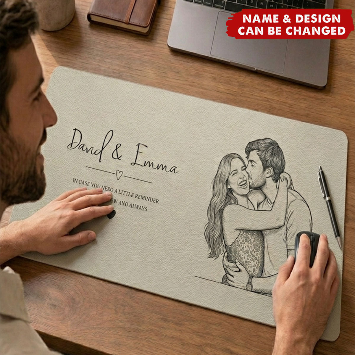 I Love You Now And Always Couple Photo Sketch Line Art - Personalized Desk Mat