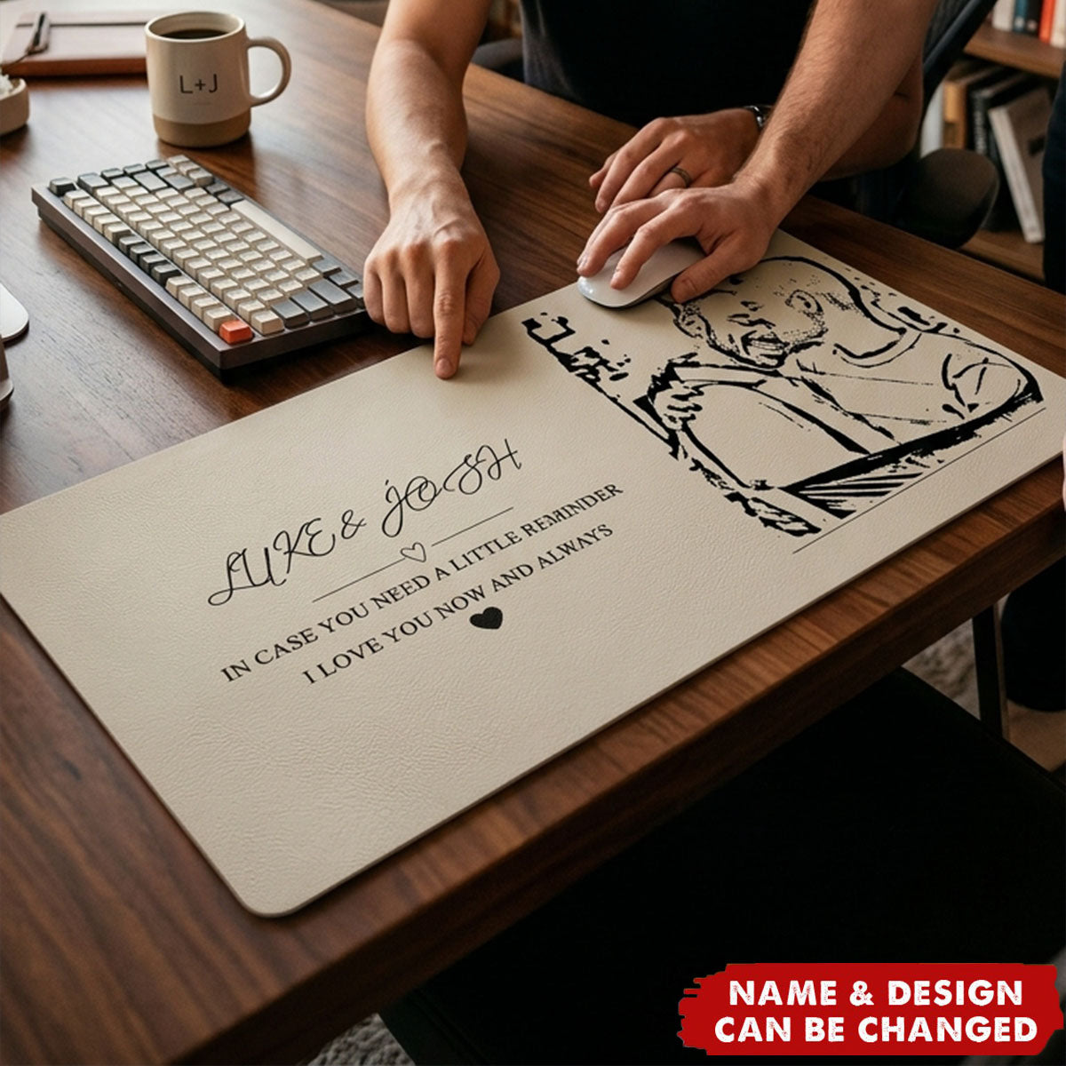 I Love You Now And Always Couple Photo Sketch Line Art - Personalized Desk Mat