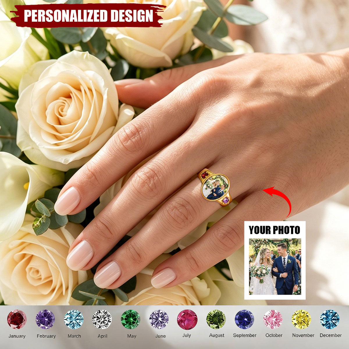 Custom Photo Ring With Birthstones Gift For Her - Personalized Ring