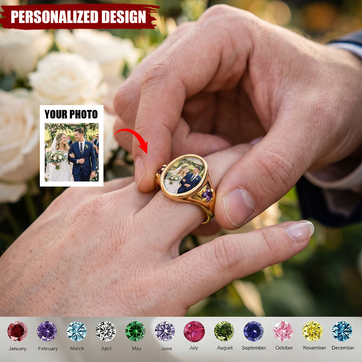 Custom Photo Ring With Birthstones Gift For Her - Personalized Ring