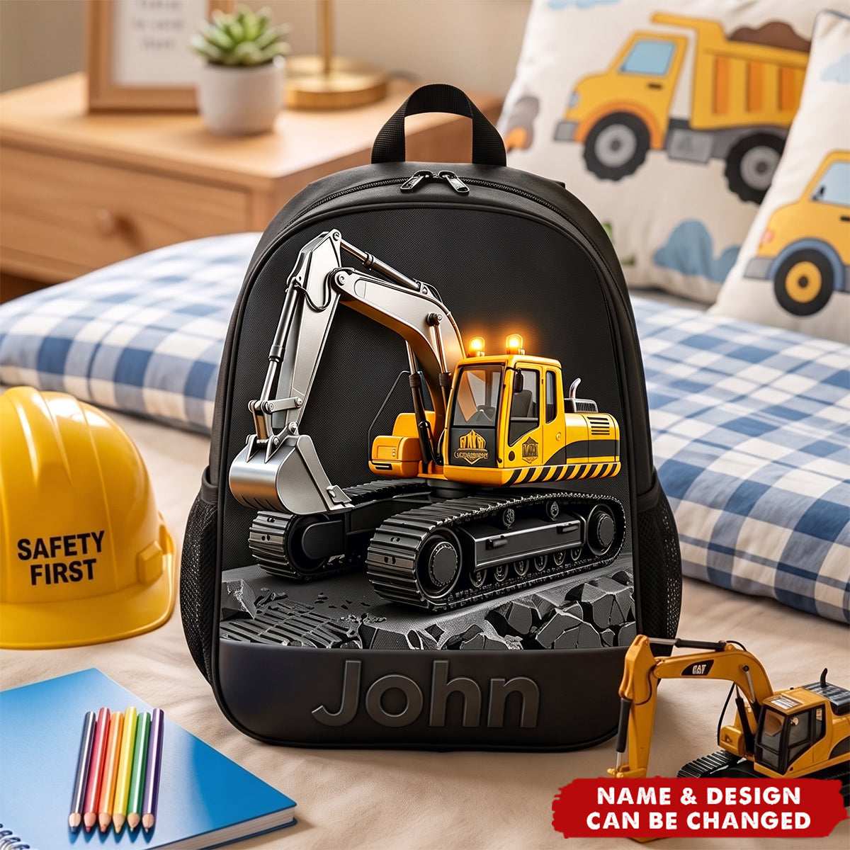 Personalized Kid Construction Vehicle Backpack Set
