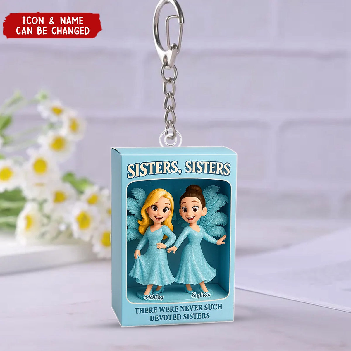 Sisters Besties in Blue Dress Custom Name Toy Box Figure Style Personalized Acrylic Keychain