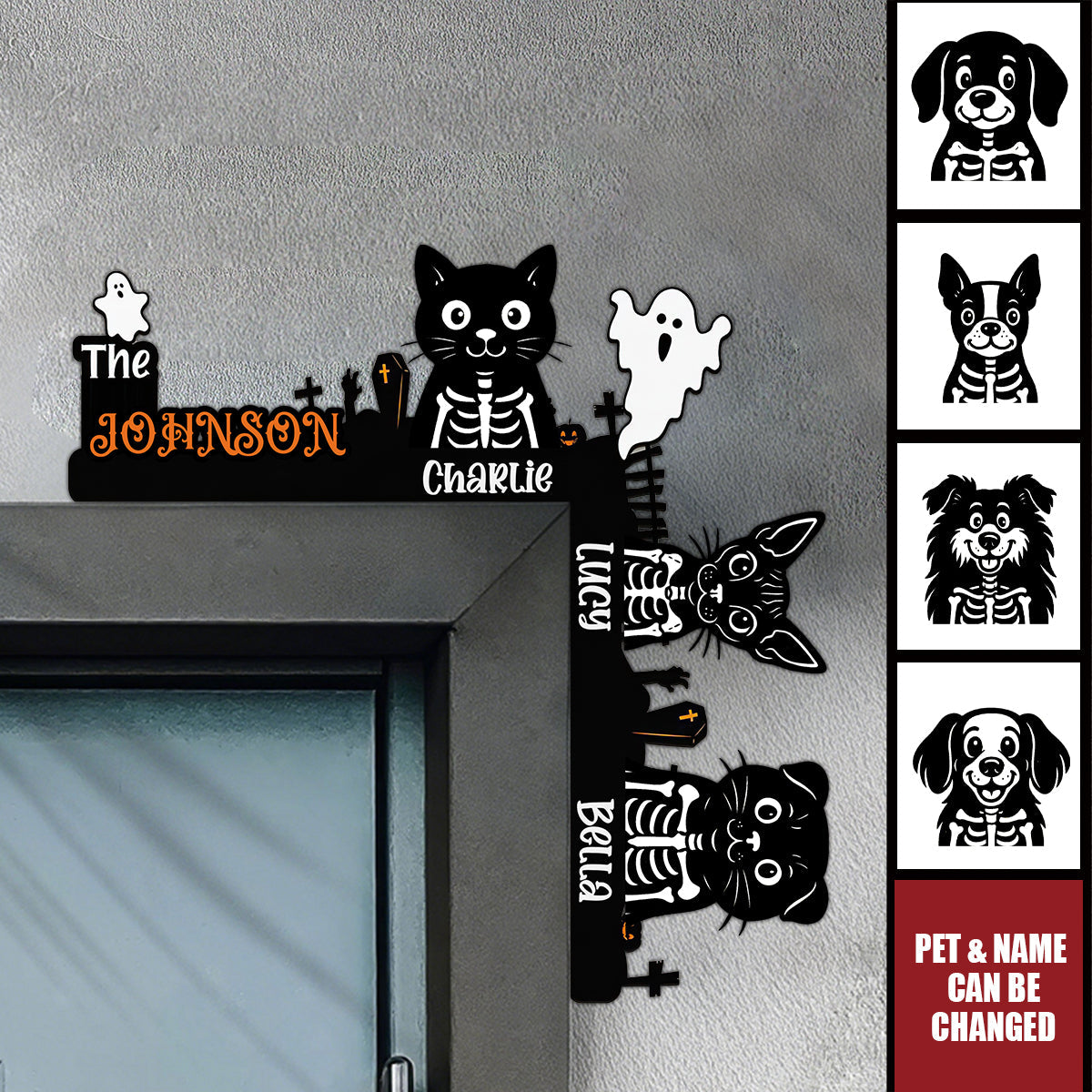 Halloween Skeleton Pet With Custom Family Name - Personalized Door Corner Wood Sign
