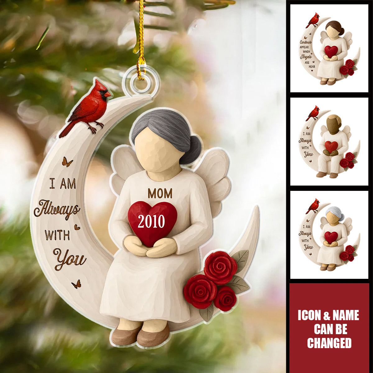 Roses Wooden Texture Memorial On Moon - Personalized Acrylic Ornament - Christmas Remembrance Gift, Sympathy Gift