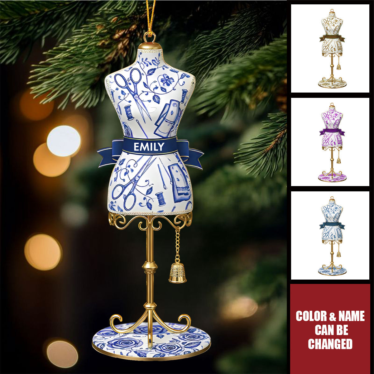 Toile De Jouy Ornaments, Personalized Dress Form Ornament, Christmas Gift for Seamstress, Tailor, Fashion Designer