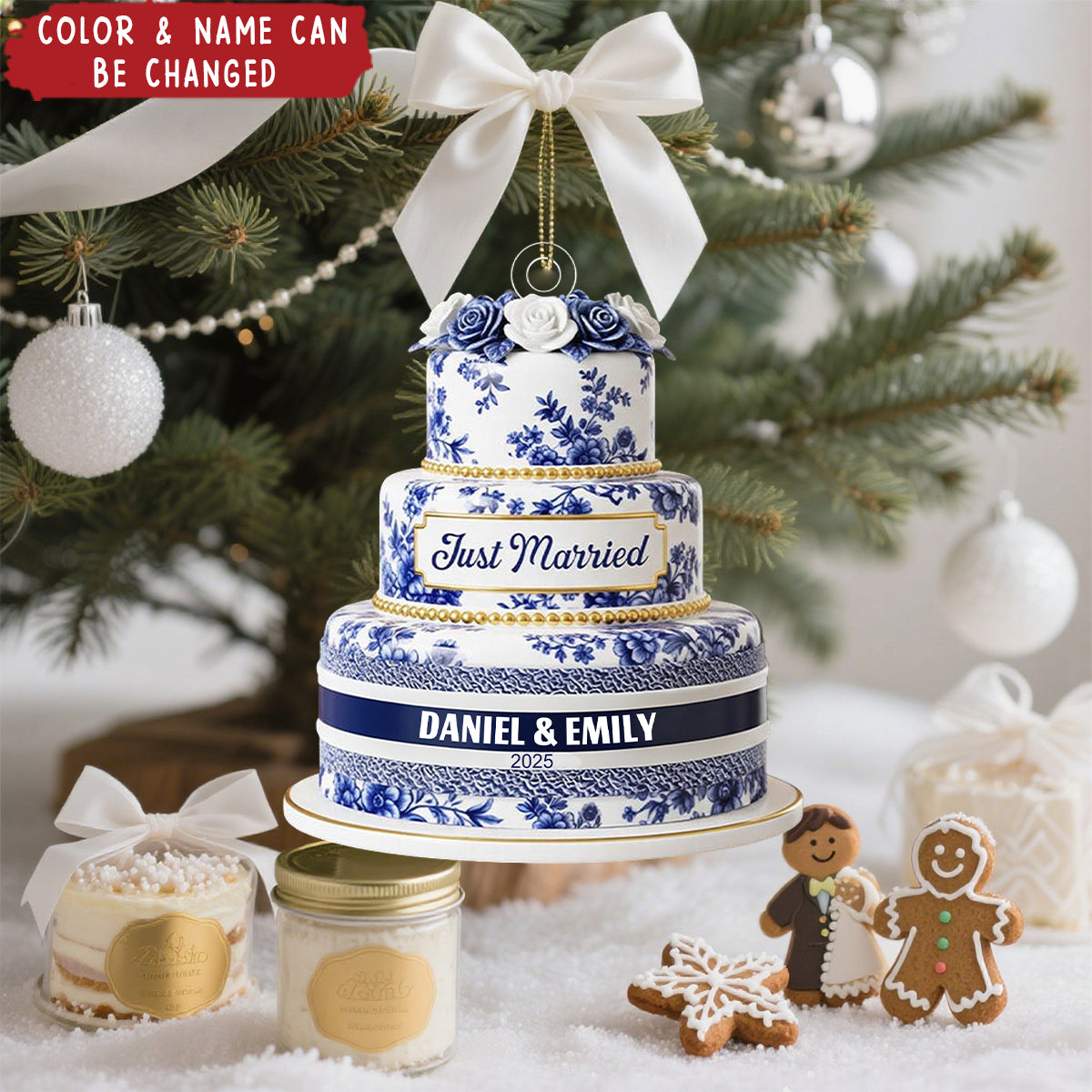 Personalized Wedding Cake Toile de Jouy Ornament, First Christmas Married Ornament, Newlywed Wedding Gift