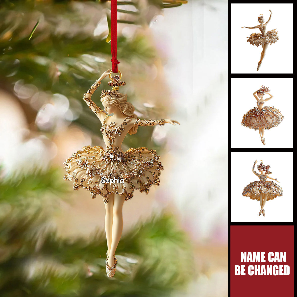 Personalized Elegant Ballerina Ornament With Gold Glitter Tutu, Ballet Christmas Tree Decoration, Nutcracker Dancer Gift