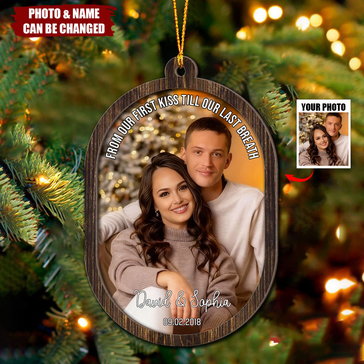 Couple Upload Photo Christmas - Personalized 2-Layered Wooden Ornament