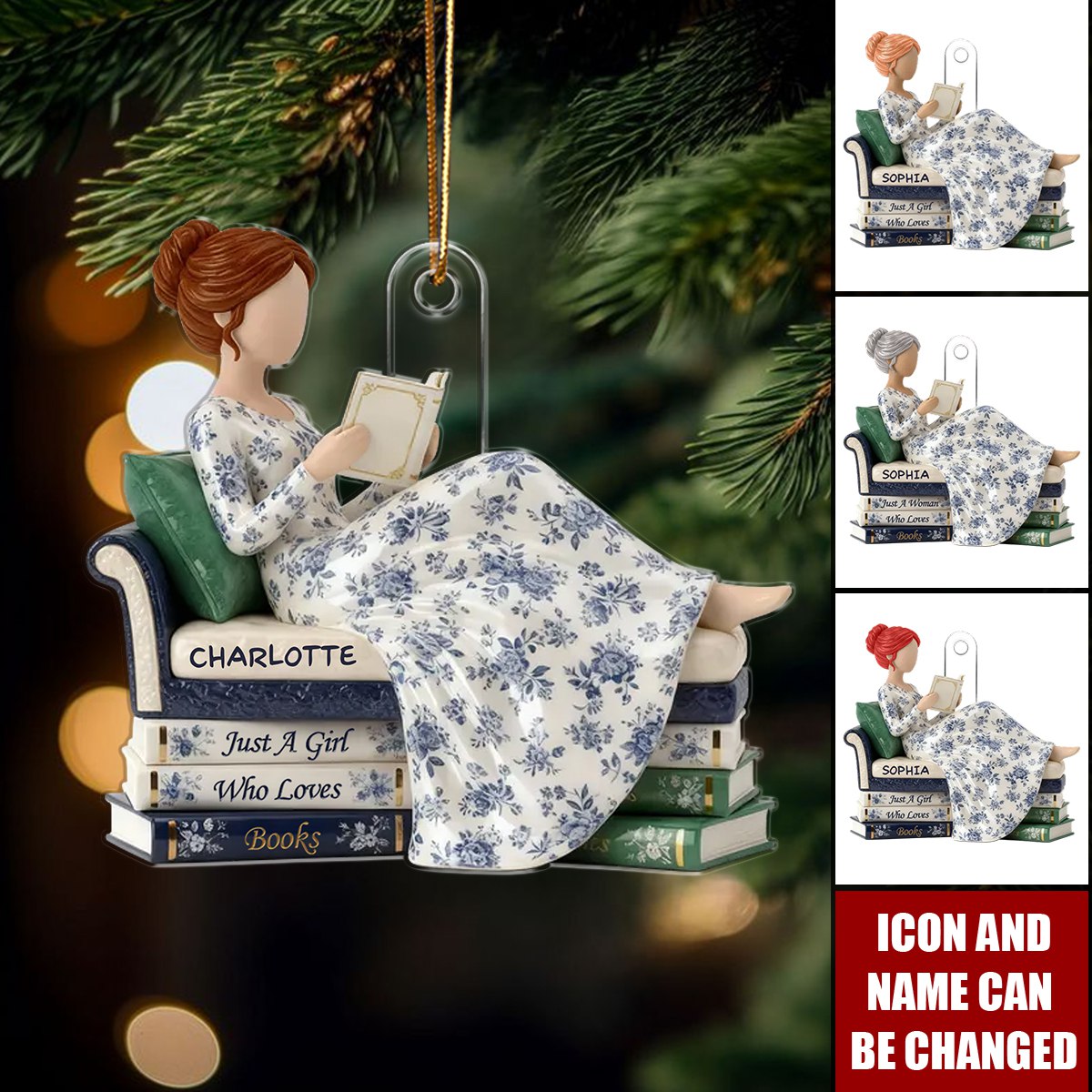 Girl Reading Books On Sofa Toile De Jouy Pattern - Personalized Acrylic Ornament - Christmas Gift For Book Lover, Bookworm