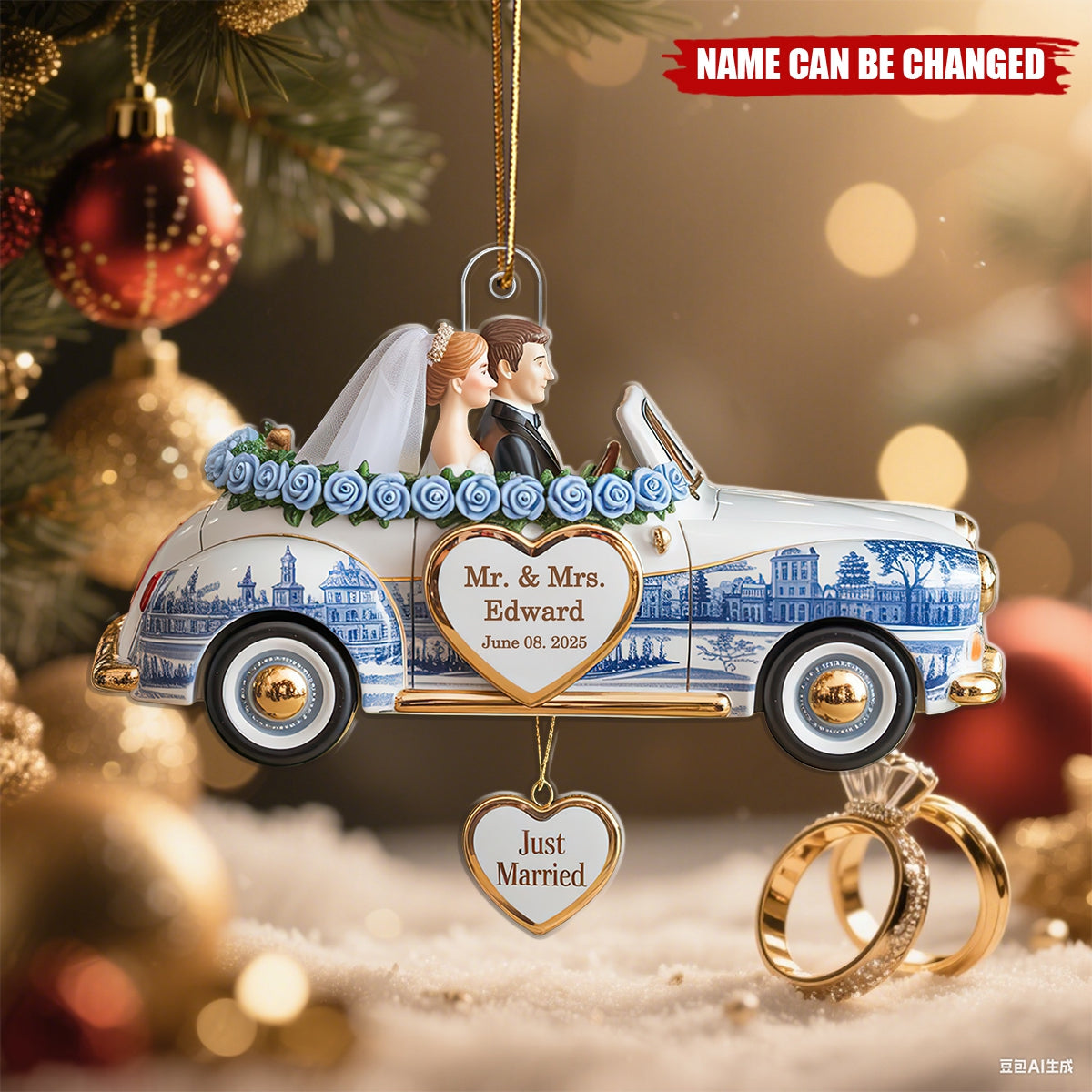 Personalized Just Married Toile de Jouy Ornament, Wedding Gifts For Couple, Mr and Mrs, First Christmas Married, Newlywed Car