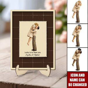 Lucky Is To Have You Mid-Century Couple - Personalized 2-Layered Wooden Plaque - Anniversary, Valentine's Day Gift