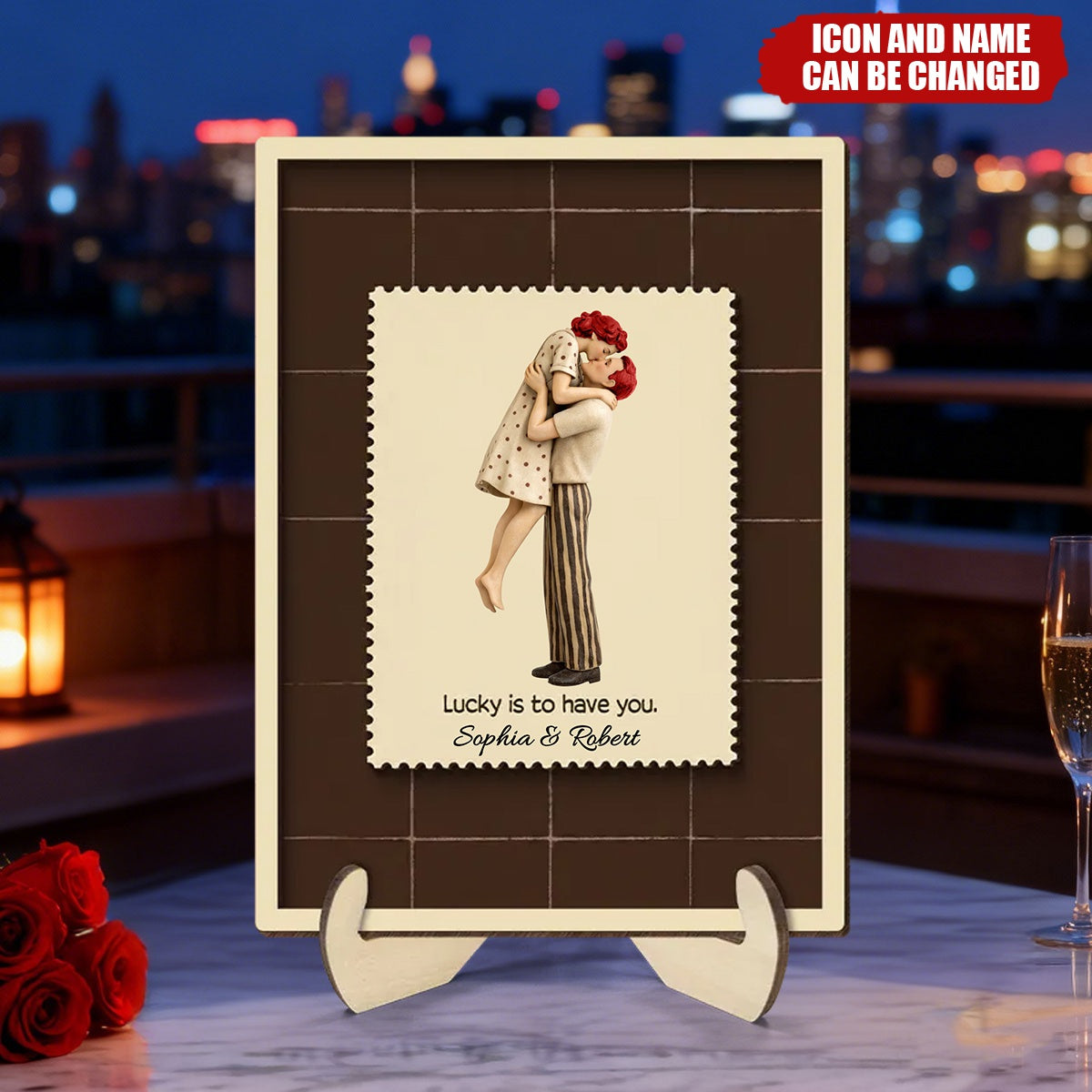 Lucky Is To Have You Mid-Century Couple - Personalized 2-Layered Wooden Plaque - Anniversary, Valentine's Day Gift