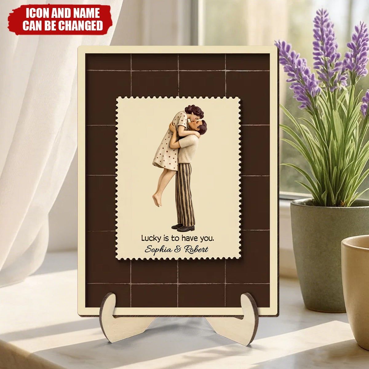 Lucky Is To Have You Mid-Century Couple - Personalized 2-Layered Wooden Plaque - Anniversary, Valentine's Day Gift