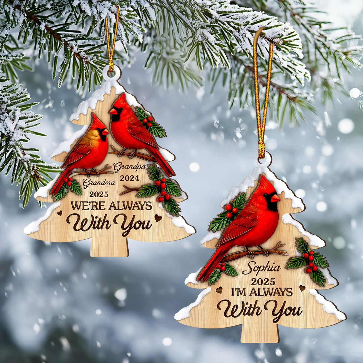 Always In Our Cherished Memories - Personalized Cardinal Wood Ornament - Christmas Memorial Sympathy Gifts For Loss Of Mom, Dad