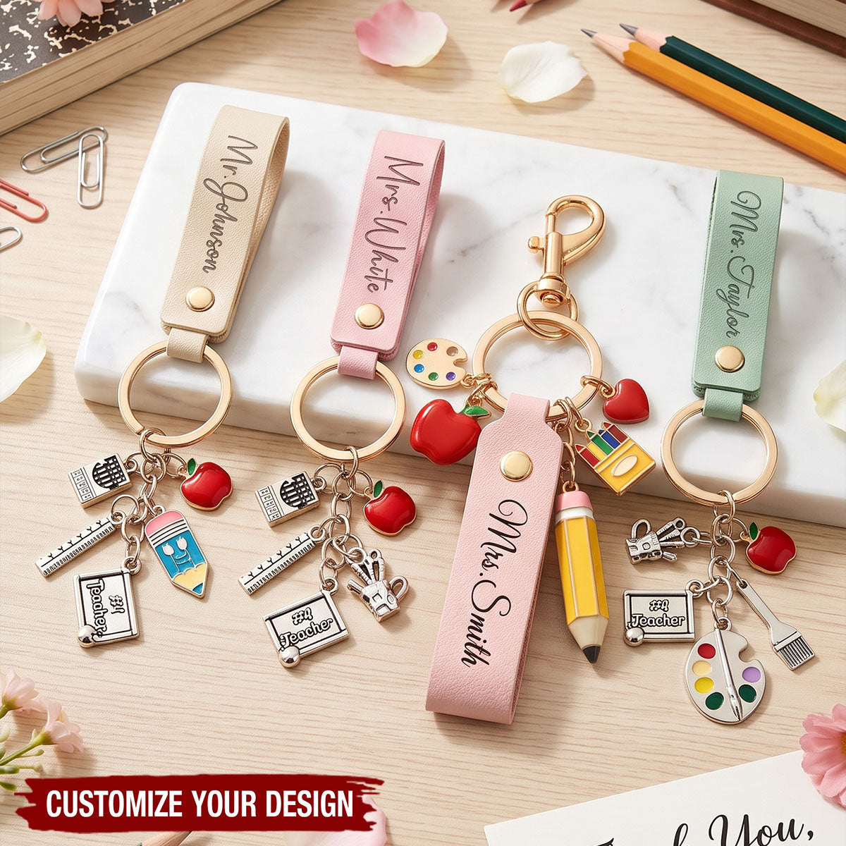 Custom Name Leather Keychain - Personalized Teacher Keychain, Back to School Gift