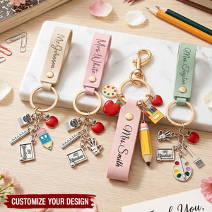 Custom Name Leather Keychain - Personalized Teacher Keychain, Back to School Gift