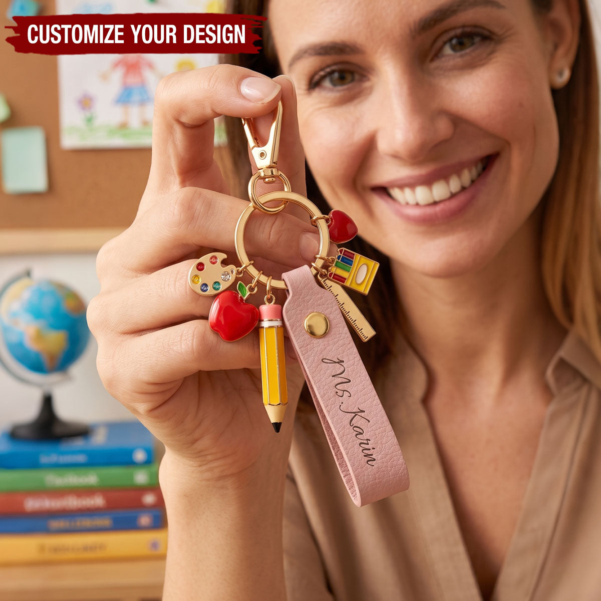 Custom Name Leather Keychain - Personalized Teacher Keychain, Back to School Gift