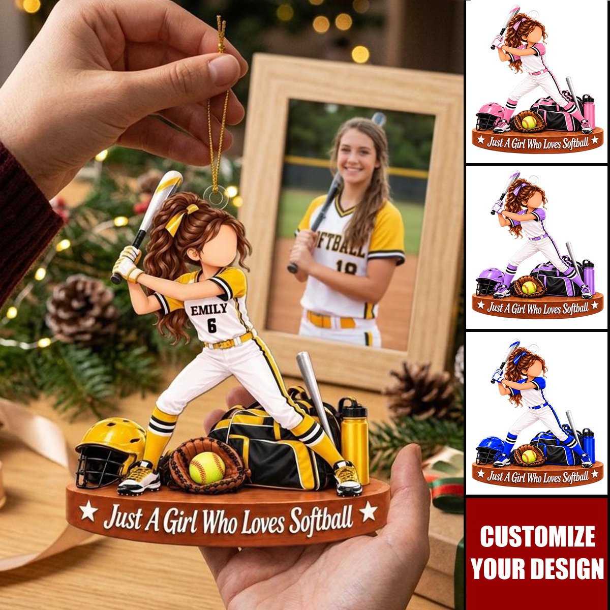 Personalized Softball Girl Acrylic Ornament, Custom Name Player Christmas Gift