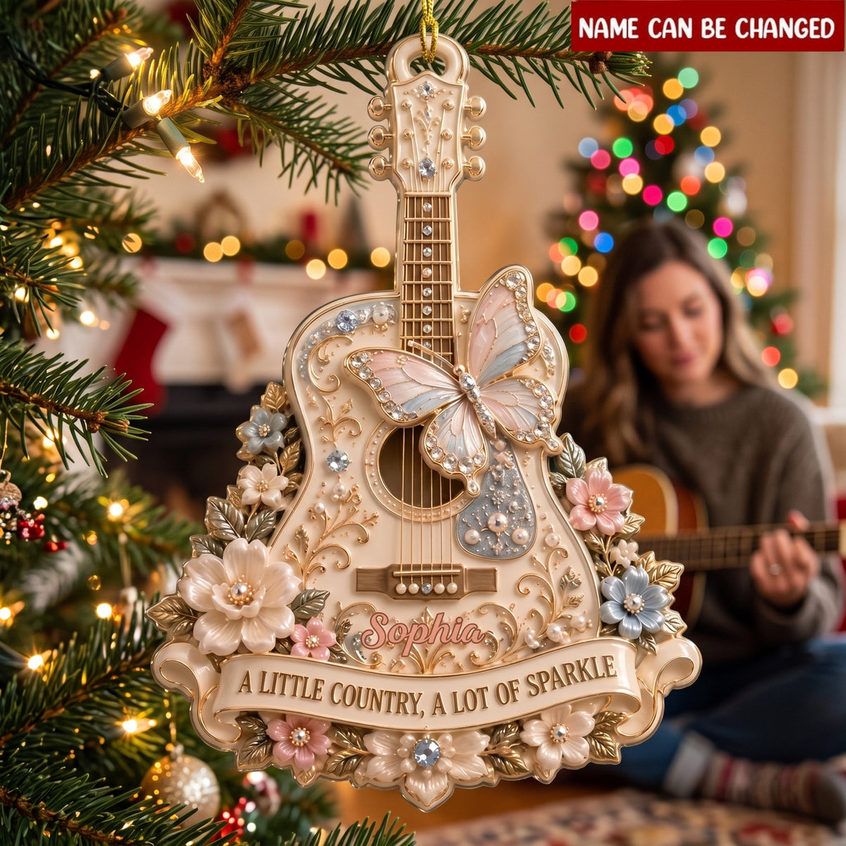 Rhinestone Butterfly Guitar Ornament – Floral Country Music Christmas Gift & Sparkling Keepsake