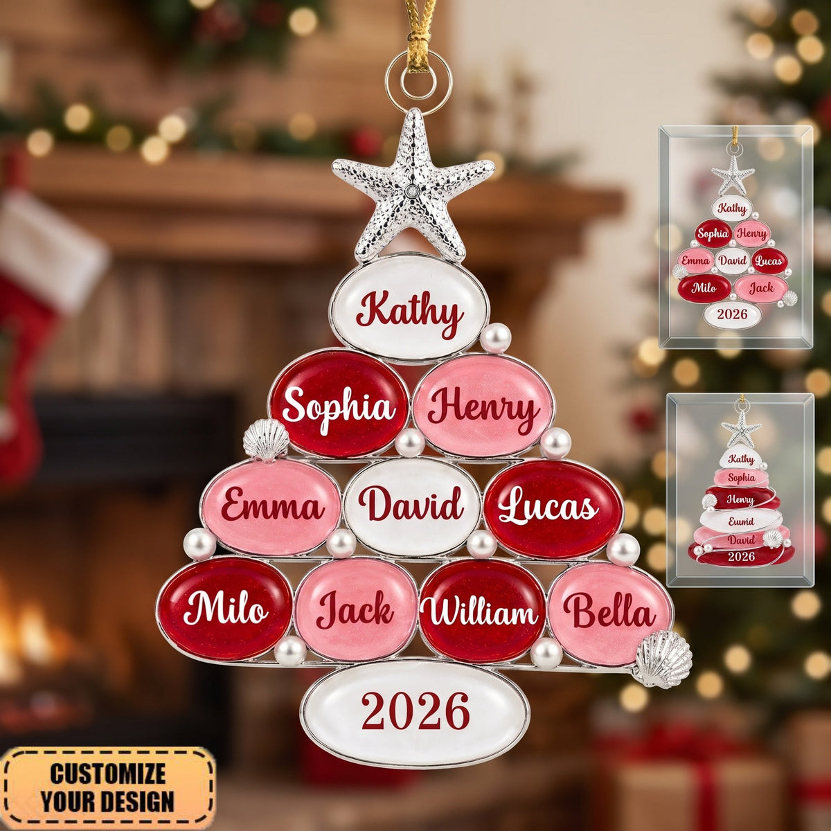 Custom Sea Glass Tree 2026 Ornament, Beach-Themed Family Christmas Decoration