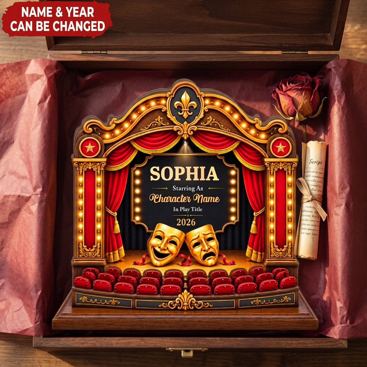 Personalized Theatre Stage Wooden Block, Custom Actor Drama Keepsake