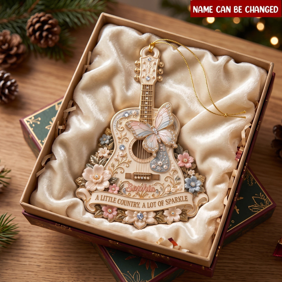 Rhinestone Butterfly Guitar Ornament – Floral Country Music Christmas Gift & Sparkling Keepsake