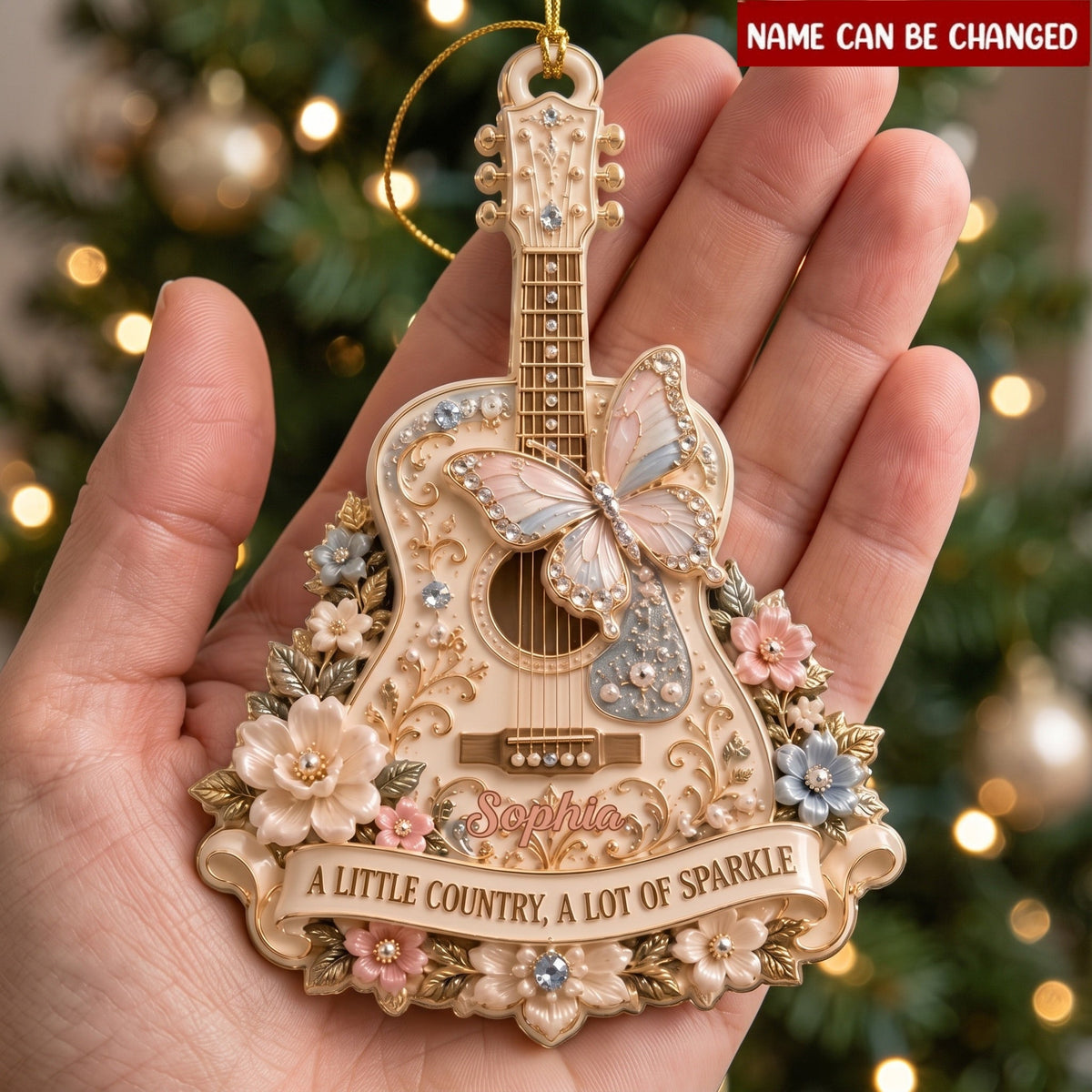 Rhinestone Butterfly Guitar Ornament – Floral Country Music Christmas Gift & Sparkling Keepsake