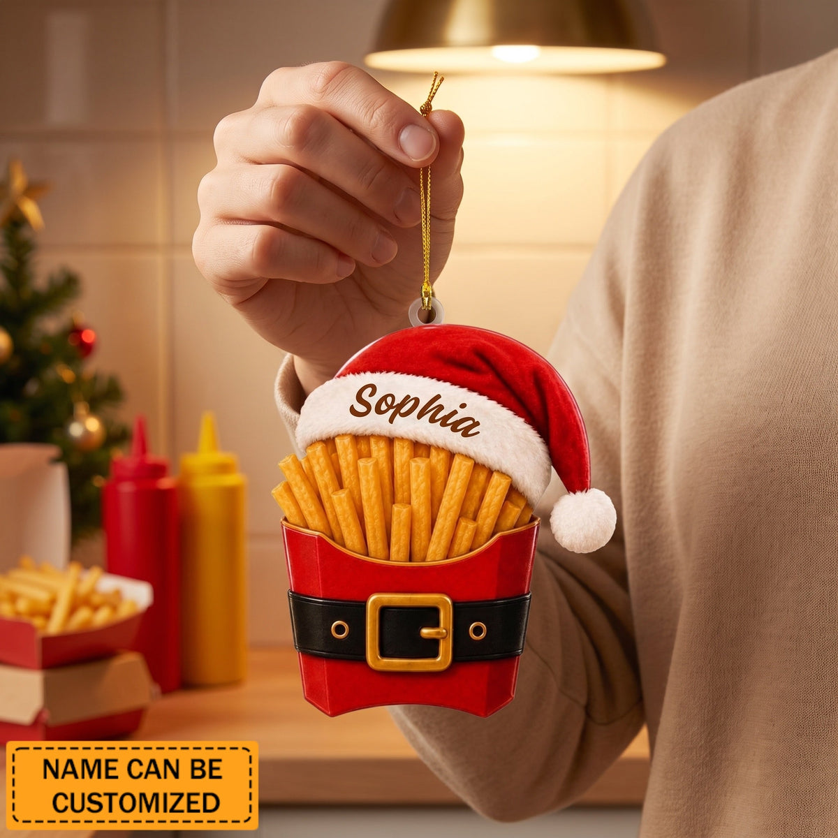 Personalized Santa French Fries Acrylic Ornament, Custom Name Christmas Tree Decoration