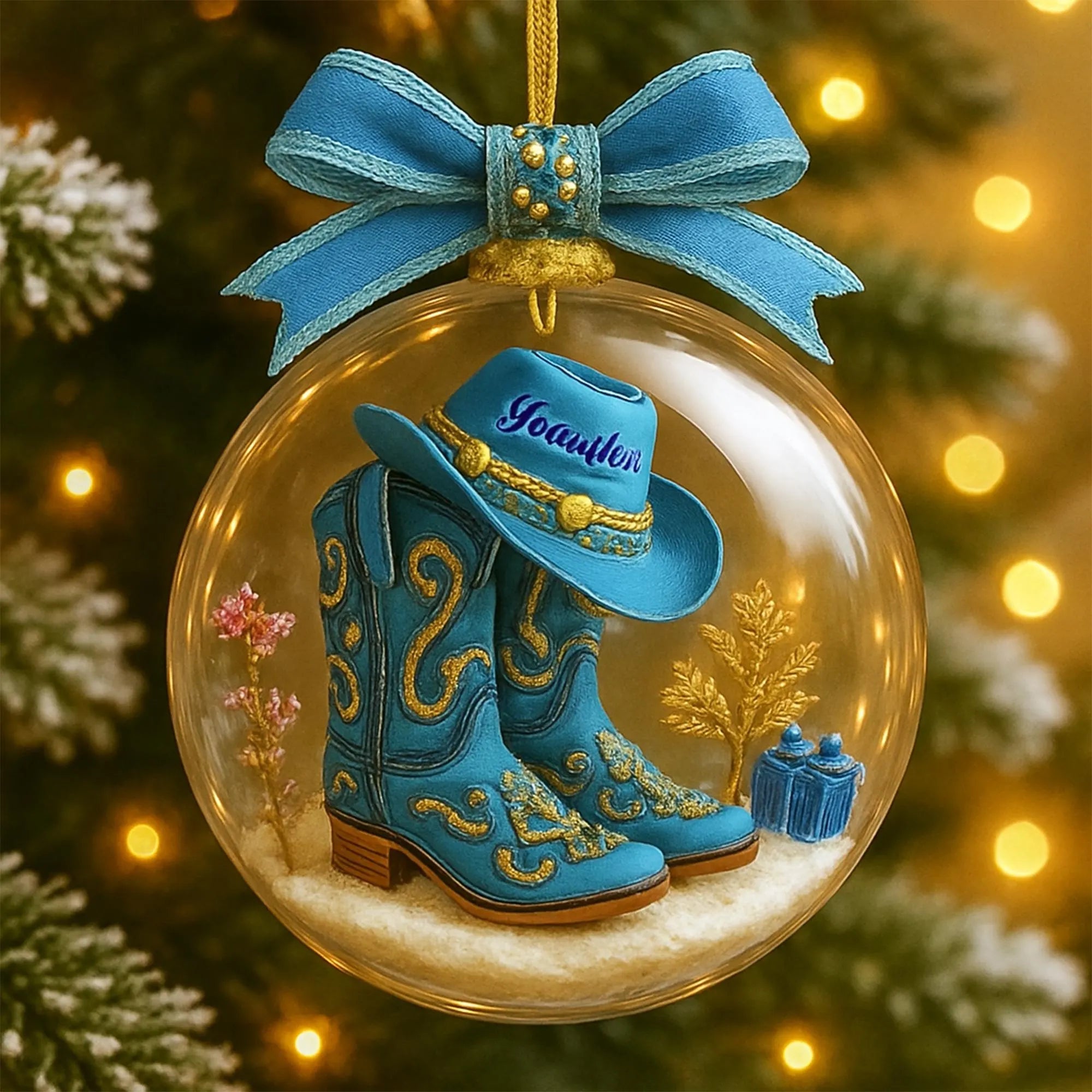 Personalized Blue Boot Cowboy Cowgirl Horseback Riding Christmas Ornament