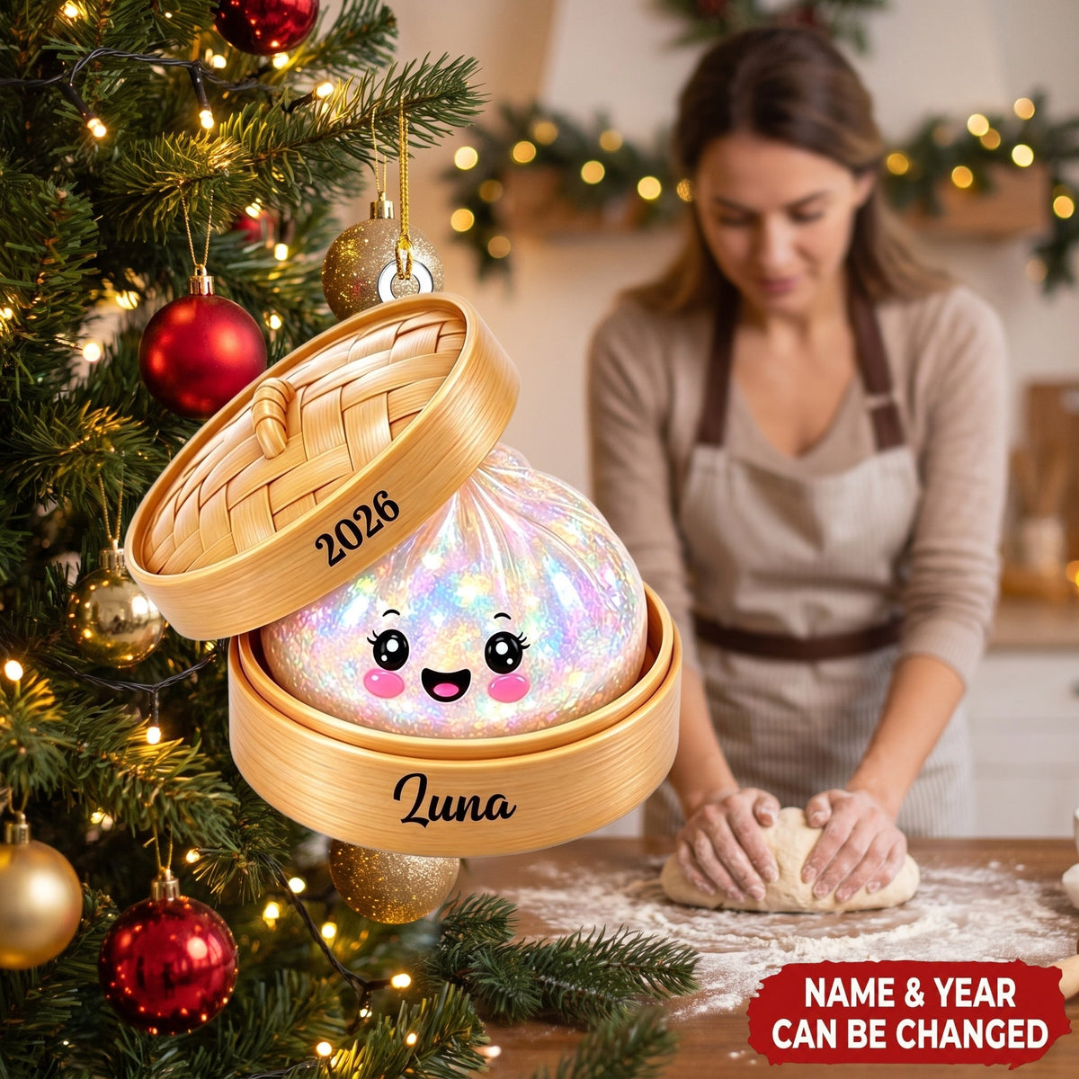 Personalized Glitter Dumpling Ornament, Bamboo Steamer, 2026 Christmas Keepsake
