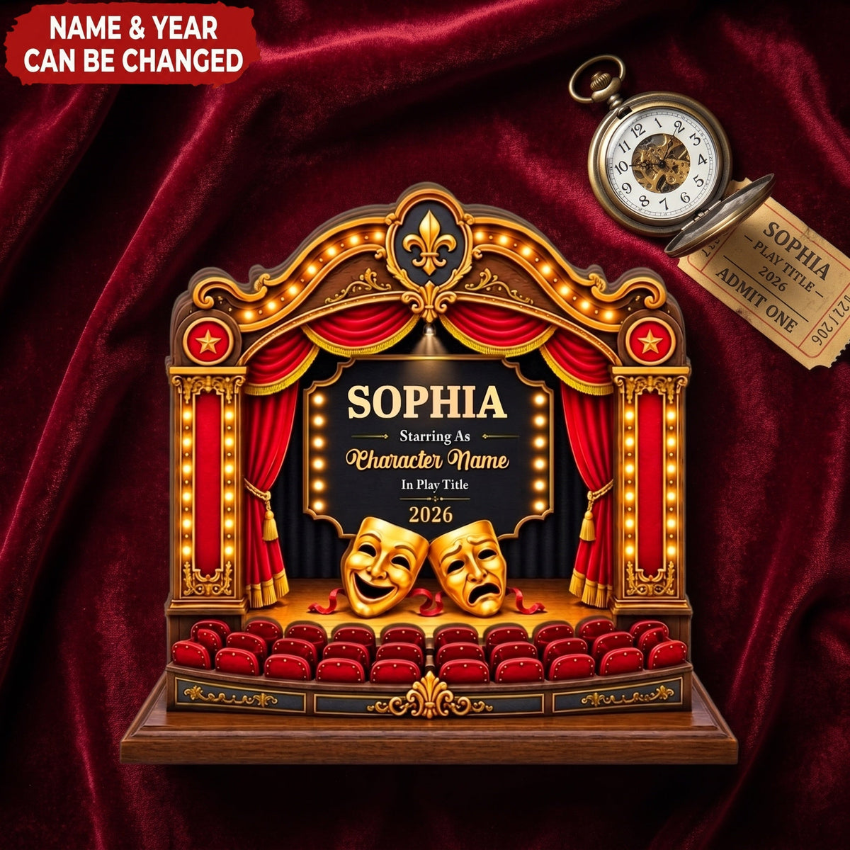 Personalized Theatre Stage Wooden Block, Custom Actor Drama Keepsake