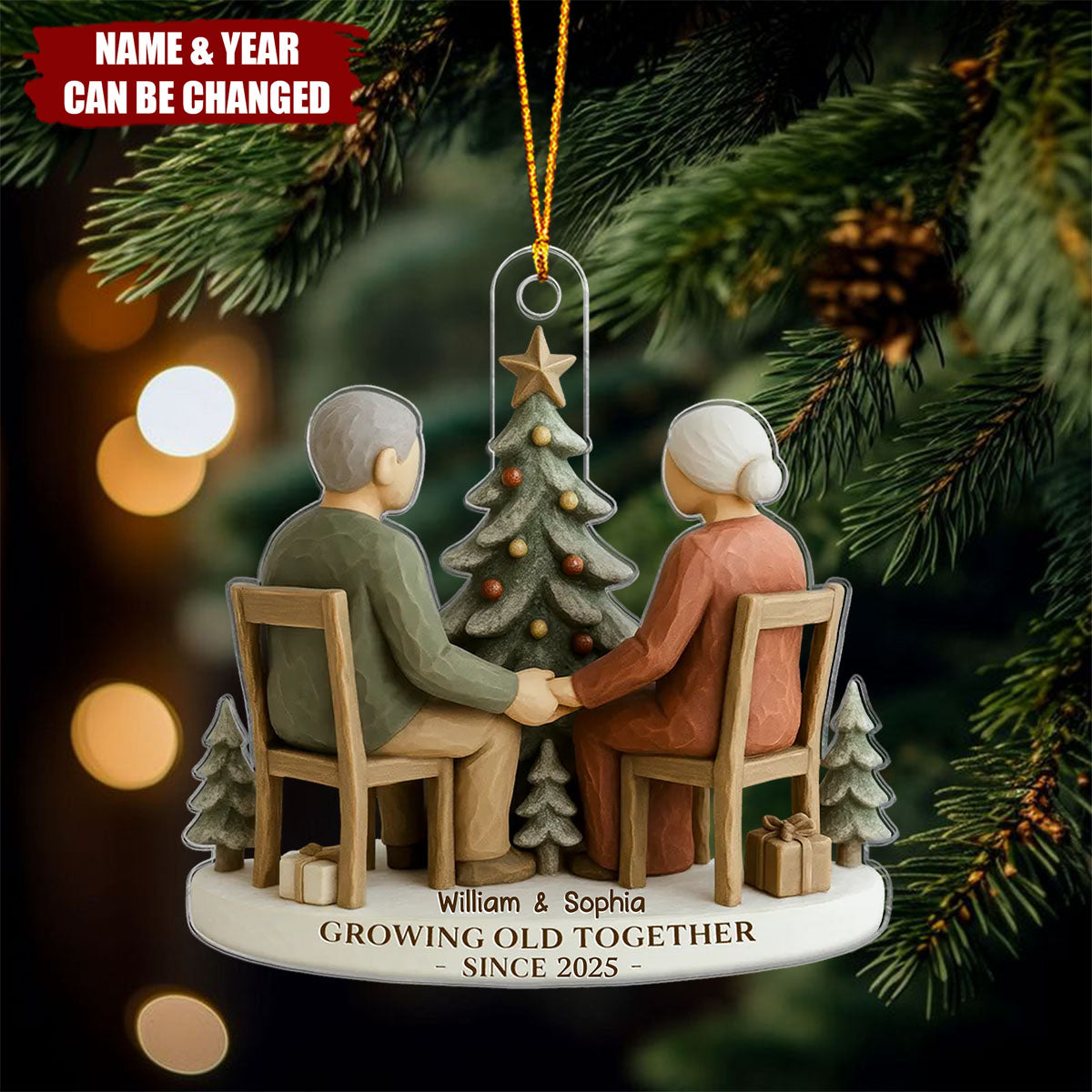 Old Couple Growing Sitting On Chairs Together - Personalized Acrylic Ornament